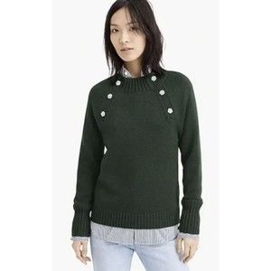 J.Crew Sweater Dark Green Crew Neck Jeweled Rhinestone Button  Womens XS